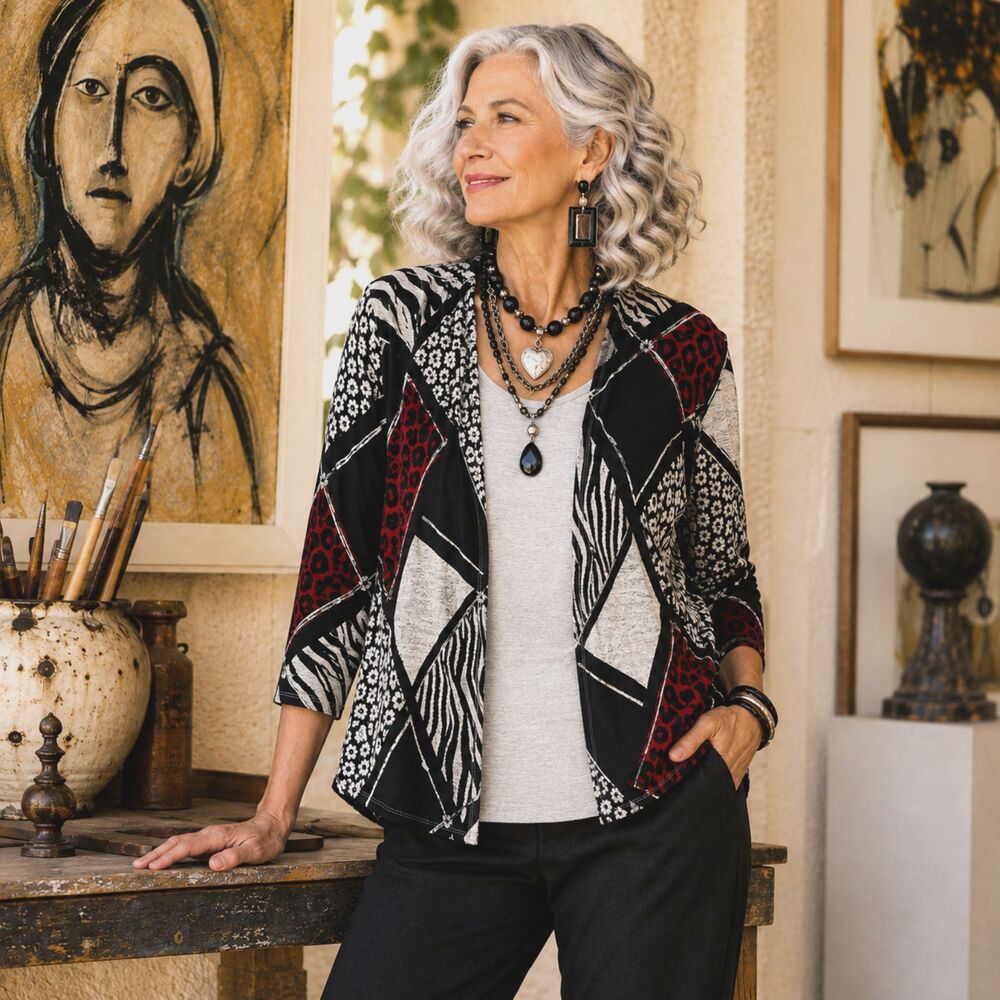 Alfred Dunner Cardigan Top Sweater Built N Shell Sz 1X Abstract Modern Easy Wear